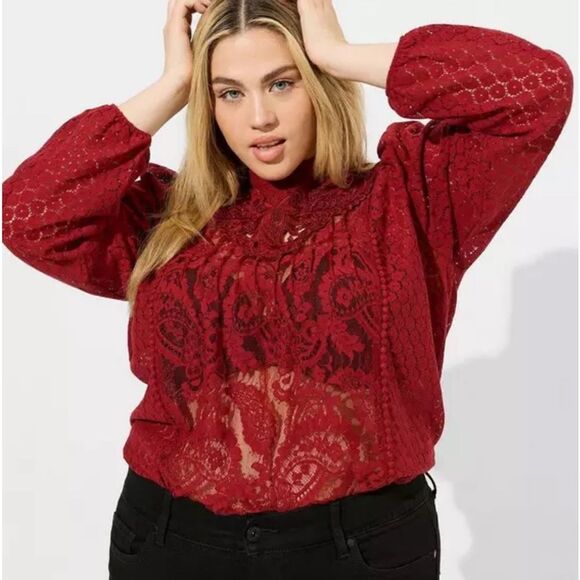 Torrid Mixed Lace High Neck Blouse Women’s 2 2XL Red Long Sleeves NEW - Picture 1 of 12